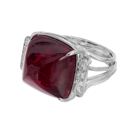 GIA 27.49 Carat Cabochon Tourmaline Rubellite Diamond Platinum Cocktail Ring