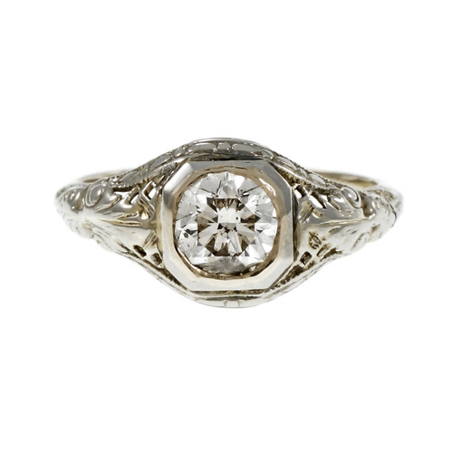 Estate 1930 Filigree Transitional Cut Diamond Engagement Ring 14k White Gold 