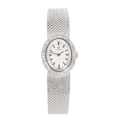 Omega 18k White Gold Diamond Halo Ladies' Wristwatch, Circa 1960s