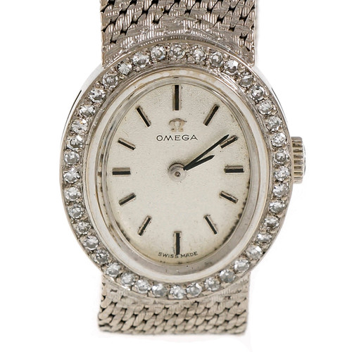 1960’s Omega 18k White Gold Mesh Band Ladies Watch Diamond Bezel Manual Wind 
