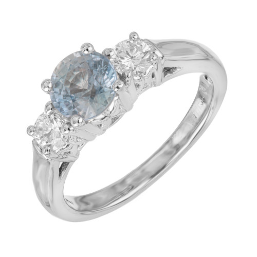GIA 1.26 Blue Round Sapphire Diamond Platinum Three Stone Engagement Ring