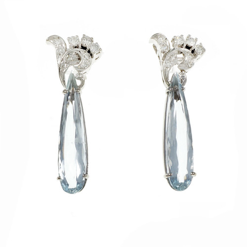 Vintage 1950 Pear Aqua Drop Earrings 14k White Gold Diamond 