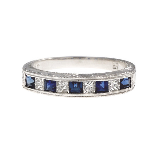 Peter Suchy Sapphire Diamond Wedding Band Ring Platinum Hand Engraved 