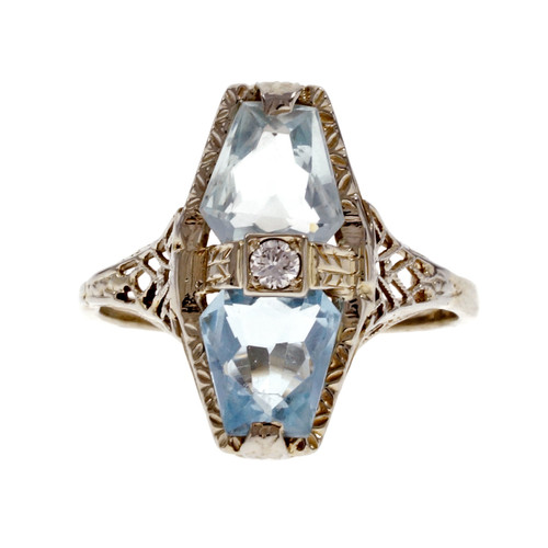 Vintage 1940 Kite Shaped Aqua Ring White Gold Diamond