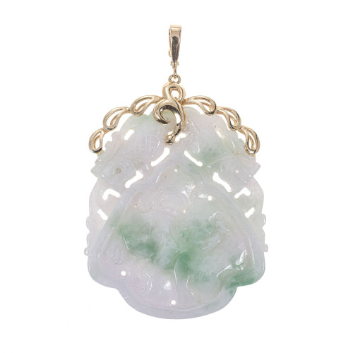 GIA Certified Jadeite Jade Carved Free Form Yellow Gold Pendant