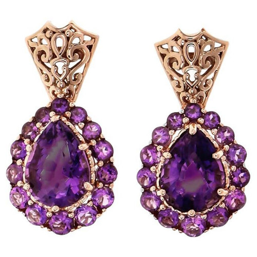 6.89 Carat Purple Amethyst Halo Rose Gold Dangle Earrings