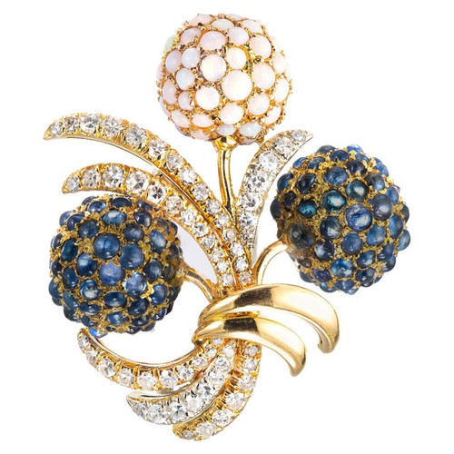 2.25 Carat Diamond Opal Sapphire Hydrangea Flower Gold Brooch