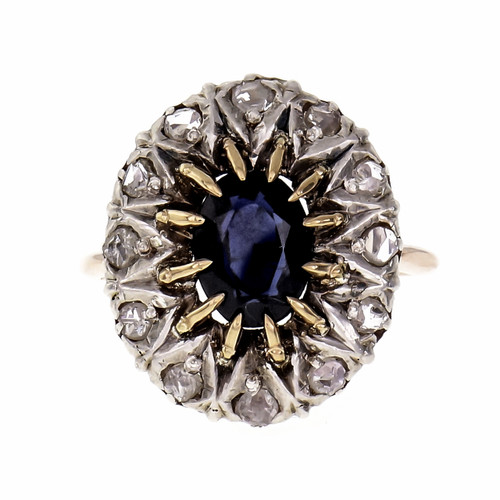 Early Victorian 1850 Natural Sapphire Ring Rose Cut Diamonds GIA Certified