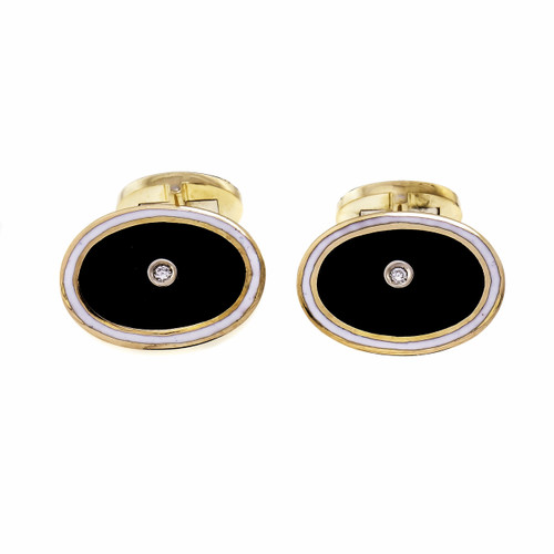 Mid Century Diamond Black White Enamel Gold Cufflinks