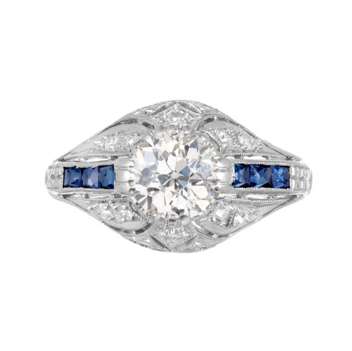 Art Deco 1920 Filigree Old European Diamond Engagement Ring Platinum Sapphire