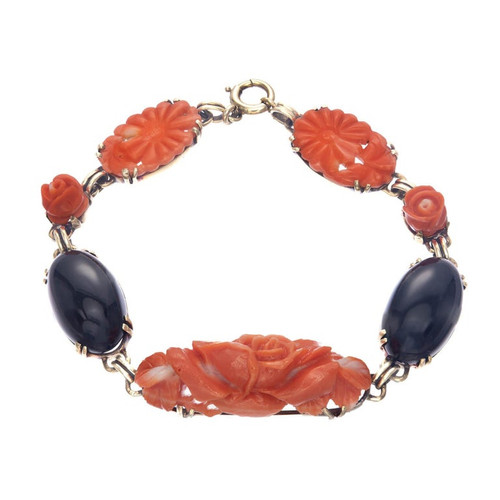 GIA Certified Coral Onyx Yellow Gold Bracelet