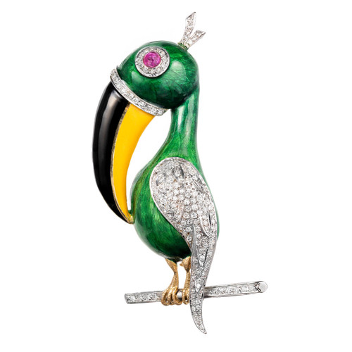 Diamond Ruby Enamel 2-Tone Gold Toucan Brooch