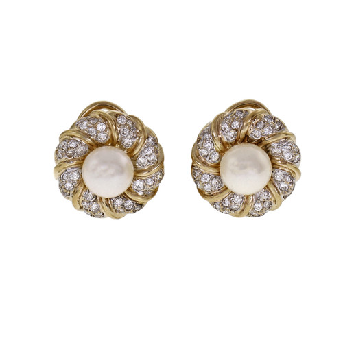 Cultured Pearl Swirl Earrings 14k Gold Diamond