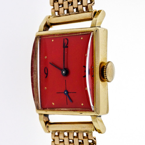 Retro 1940 Rectangular Watch 14k Mesh Band Refinished Orange Dial 