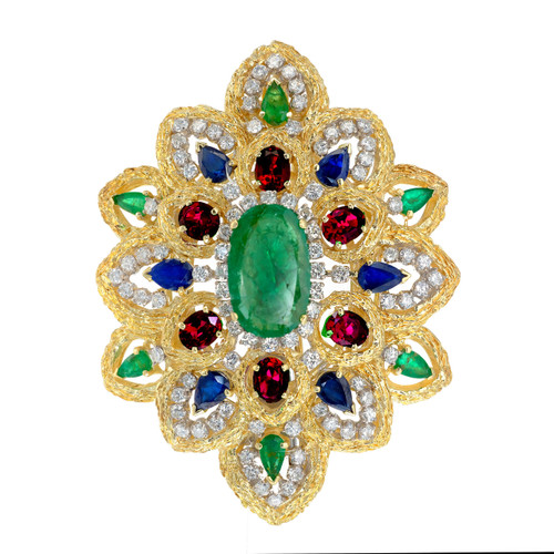 GIA Certified 11.90 Carat Emeralds Sapphire Ruby Diamond Gold Pendant Brooch