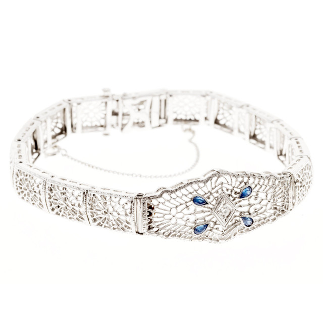 Vintage Filigree 14k White Gold .18ct Sapphire .03ct Diamond Bracelet ...