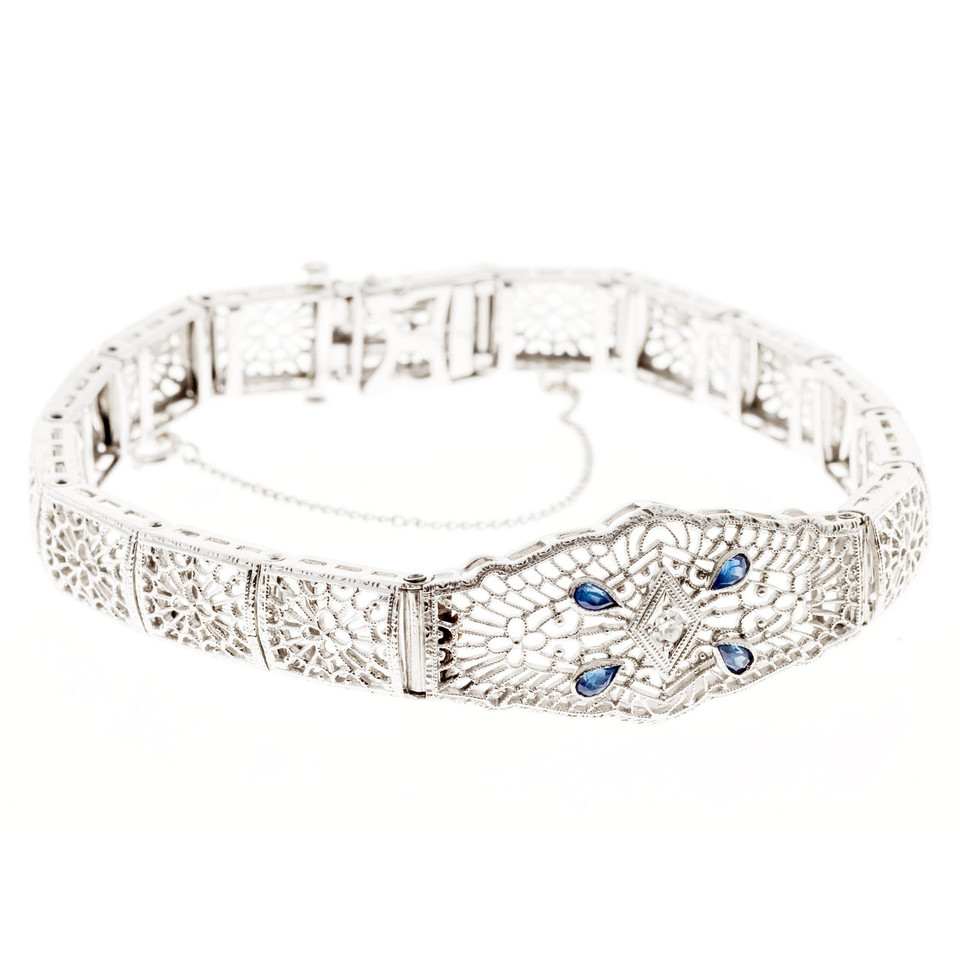 Vintage Filigree 14k White Gold .18ct Sapphire .03ct Diamond Bracelet ...