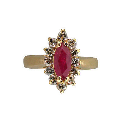 Estate .75ct Red Marquise Ruby & Round Full Cut Diamond 14k Yellow Gold ...