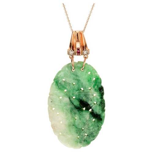 GIA Certified 43.79 Carat Jadeite Jade Ruby Diamond Pendant