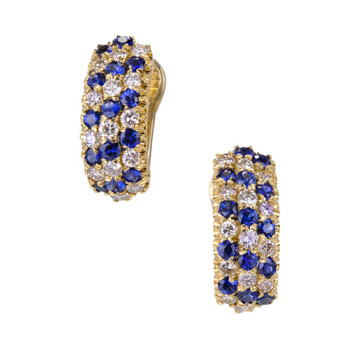Estate Fine 3 Row Sapphire Diamond Earrings 18k Yellow Gold ...