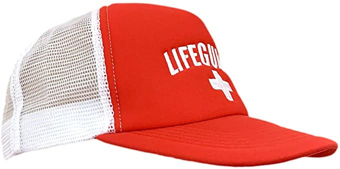 Red and White Mesh Trucker Hat Snap Back - Beach Lifeguard