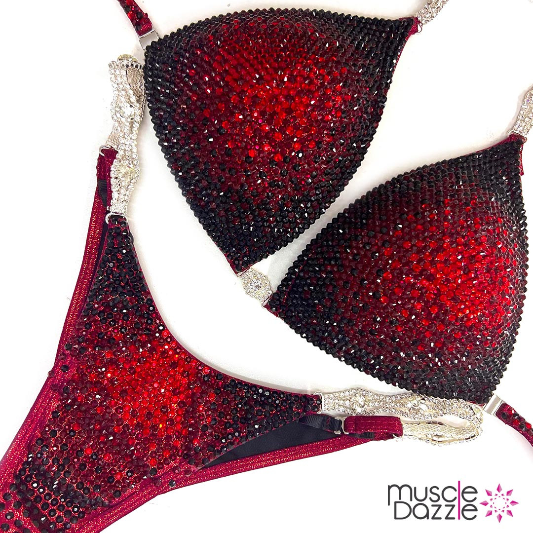 red bikini top with black bottoms