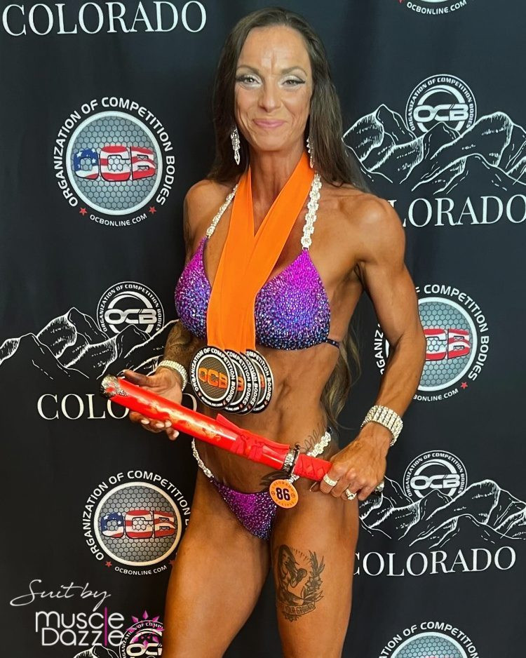 Muscle Dazzle's Signature Purple and Blue Stage Bikini