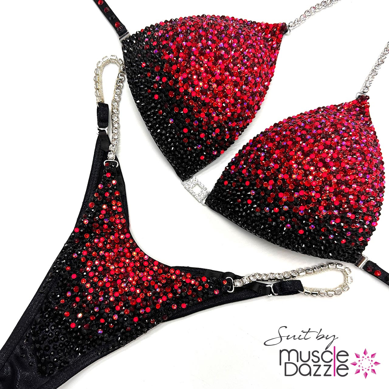 Red + Black Crystal Perfection: Custom Bikini by Muscle Dazzle