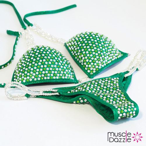 Blue Green Crystal Bikini Competition Suit