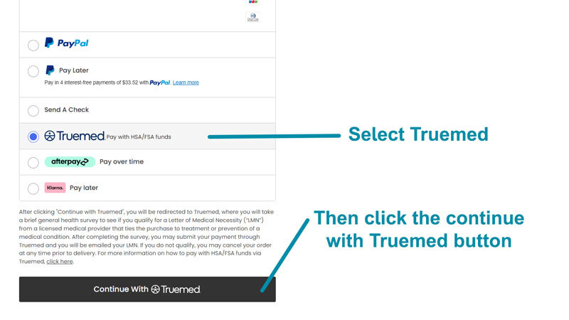 Screenshot of Pedors checkout highlighting Truemed HSA/FSA payment option and Continue With Truemed button