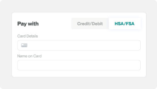 Screenshot of Pedors checkout showing credit card and HSA/FSA card payment method form
