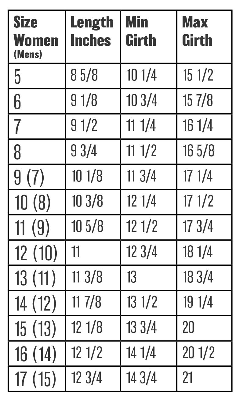 Pedors Wrap Sandal Size & Girth Chart