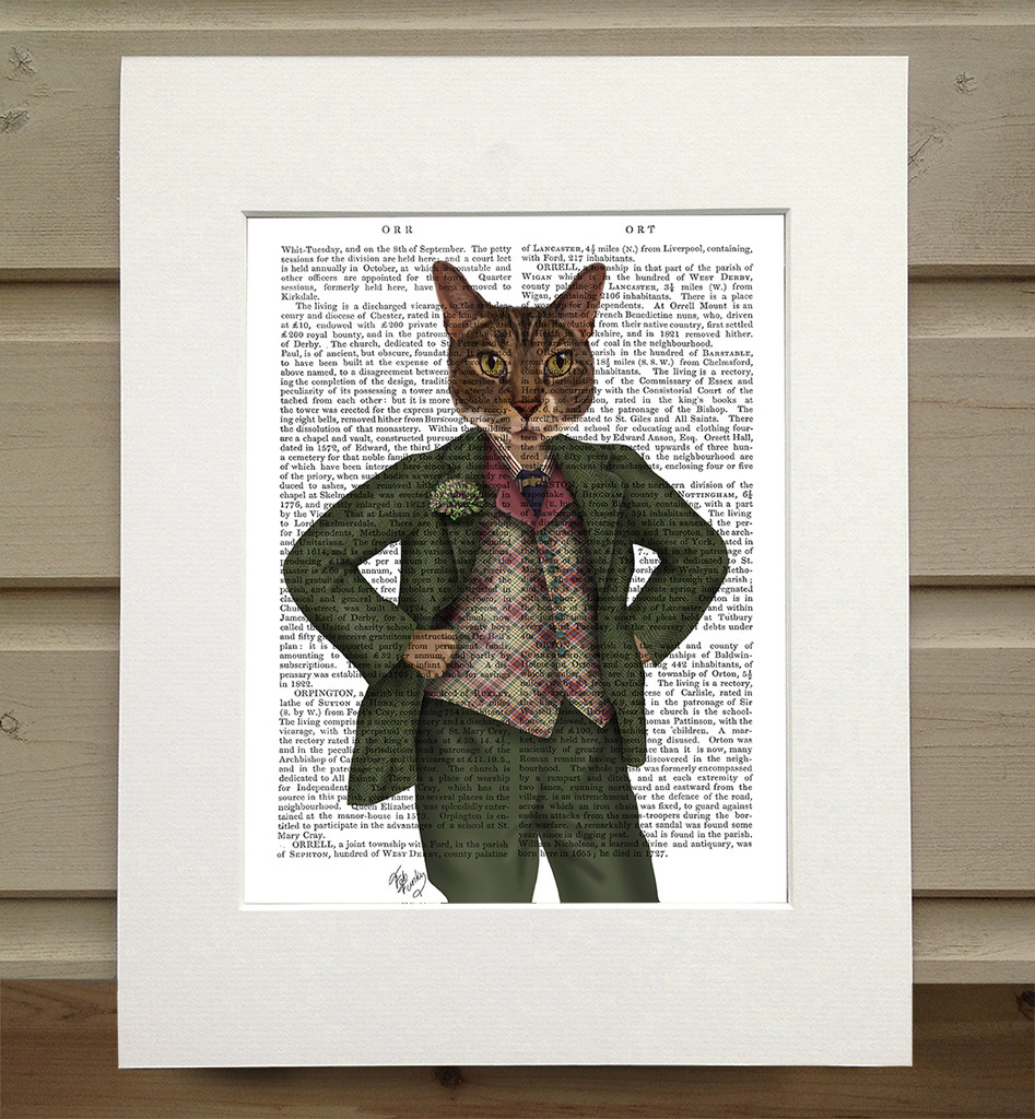 Cat in Tartan Waistcoat shown mounted with mat