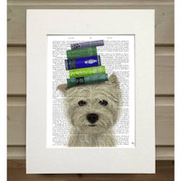 Westie and Books Antique Book Print Matted