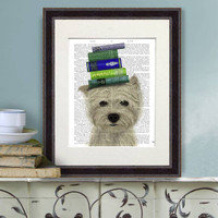 Westie and Books Antique Book Print Matted (Framed)