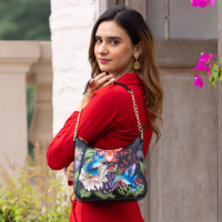 Hand-Painted Zip-Top Shoulder Hobo Handbag