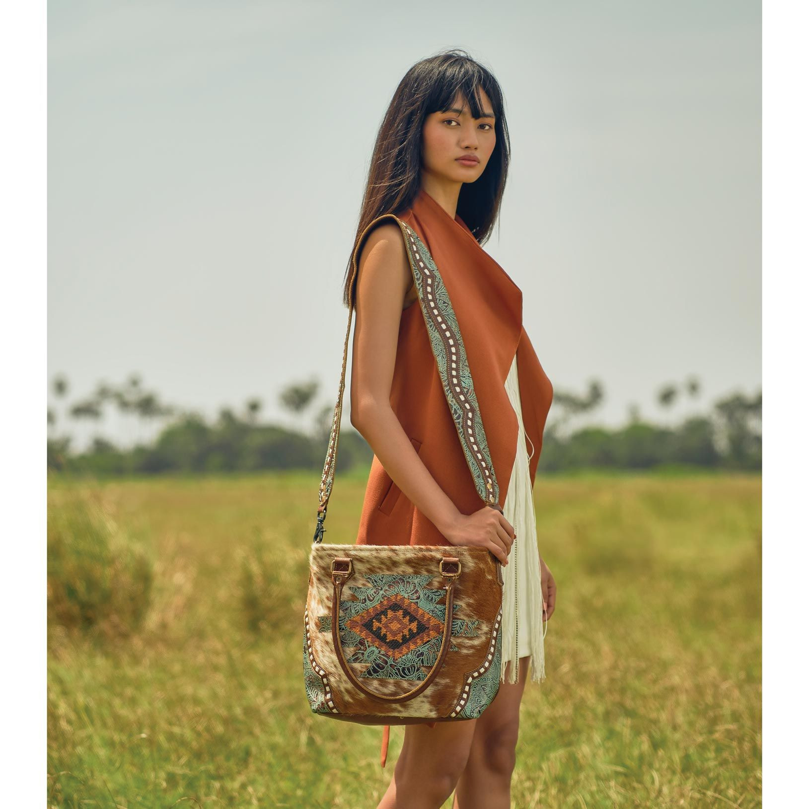 Azure Patterned Leather & Hair-On Hide Bag for Sale/Sweethaven Home