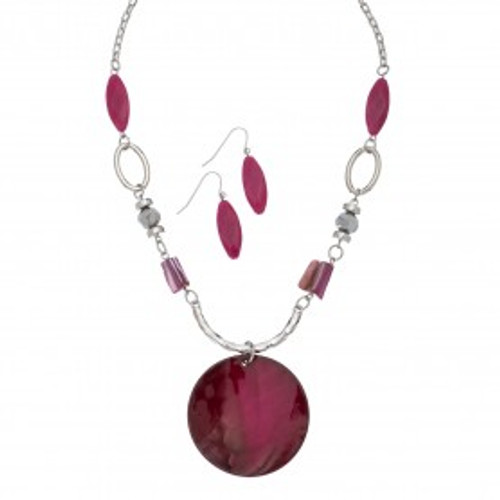Fuchsia Round Shell Necklace & Earrings