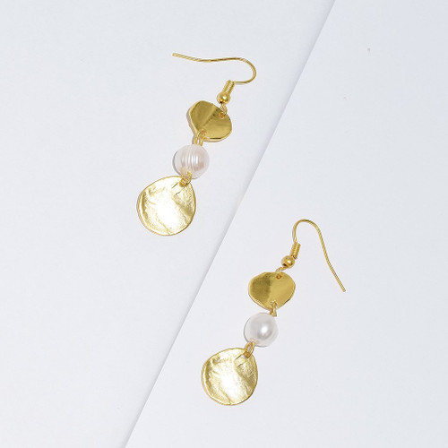 Gold Triple Medallion & Pearl Linear Earrings