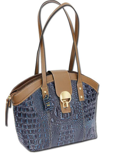 La Rochelle Crocodile Embossed Leather Tote in Navy Blue