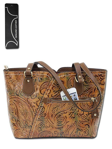 Zelle Paisley Embossed Genuine Leather Tote Bag