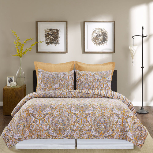 Shay Damask Grey & Gold 3 Pc Quilt Set in Queen or King