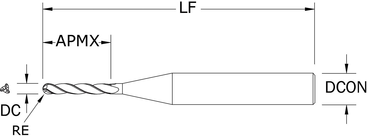 SGS 0.0200" Dia, 3 Flute, Ball Nose End Mill - 04456 - Drawing 1