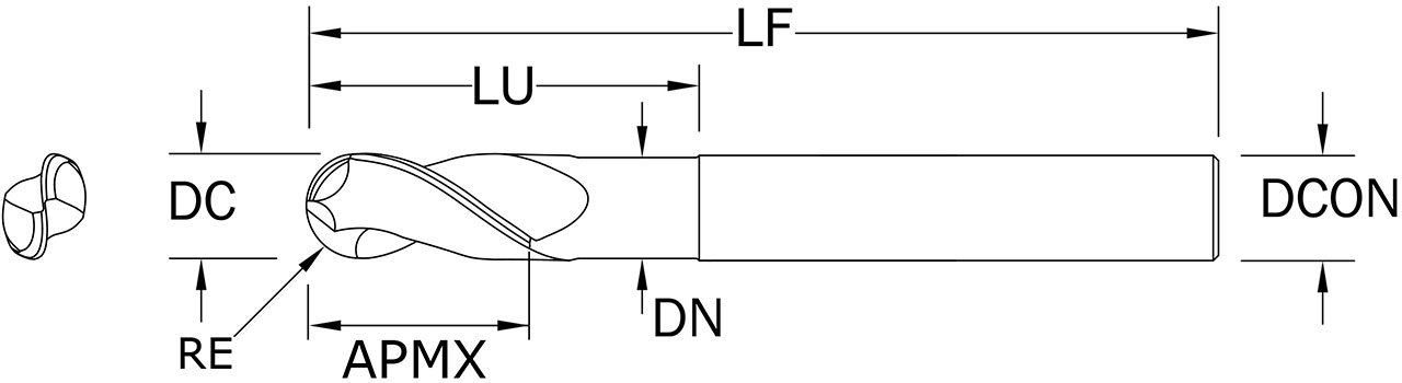 SGS 1/2" Dia, 2 Flute, Ball Nose End Mill - 34652 - Drawing 1