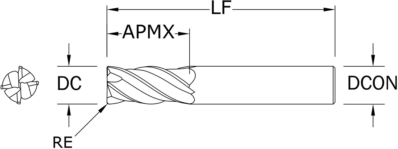 SGS 1" Dia, 4 Flute, Corner Radius End Mill - 36716 - Drawing 1