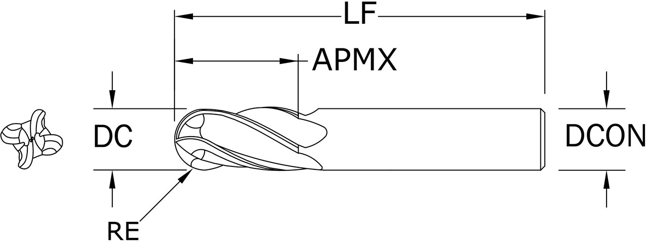 SGS 3/16" Dia, 4 Flute, Ball Nose End Mill - 33122 - Drawing 1