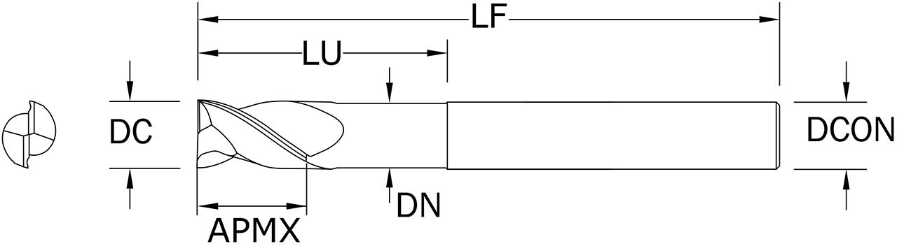 SGS 12.00mm Dia, 2 Flute, Square End End Mill - 44564 - Drawing 1