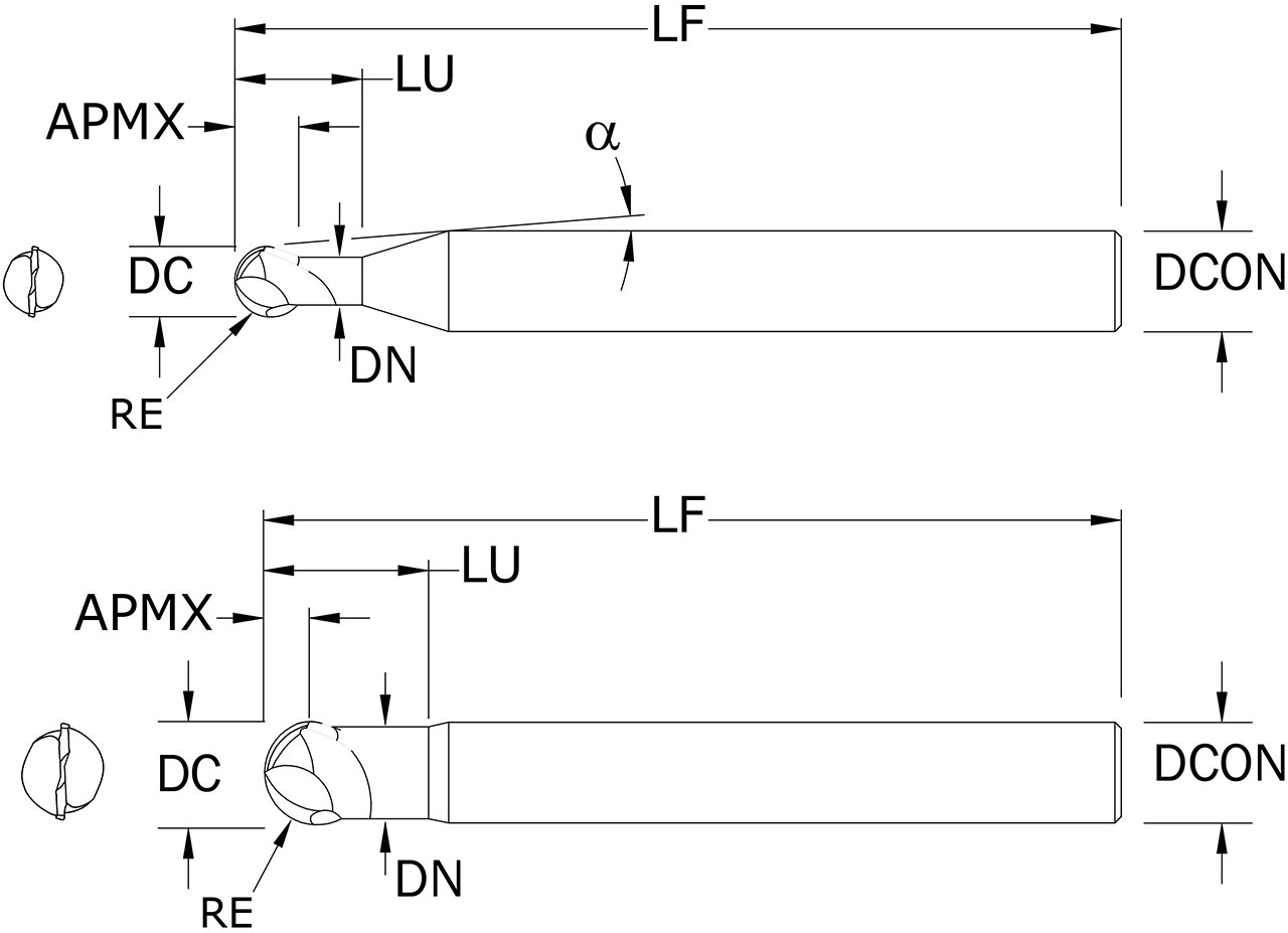SGS 1/2" Dia, 2 Flute, Ball Nose End Mill - 93280 - Drawing 1