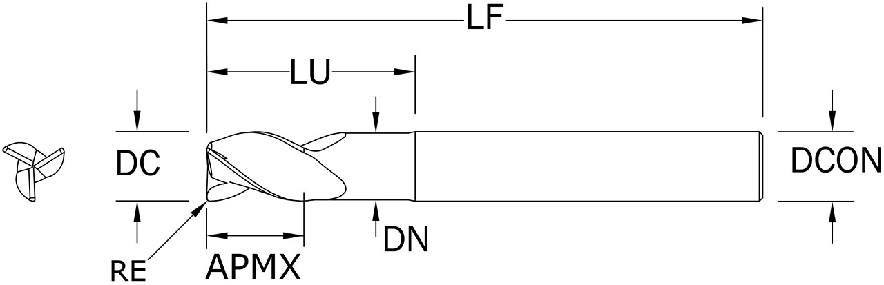 SGS 5/16" Dia, 3 Flute, Corner Radius End Mill - 32823 - Drawing 1