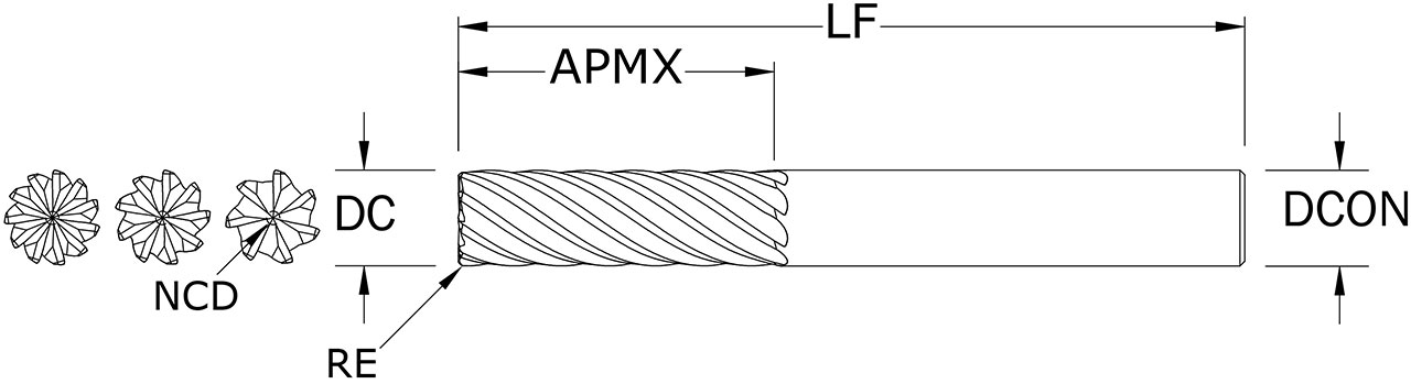 SGS 5/8" Dia, 9 Flute, Corner Radius End Mill - 36633 - Drawing 1